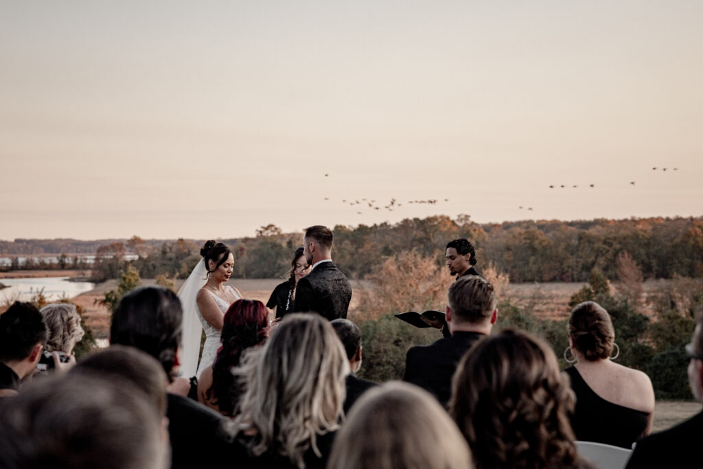 flock of birds flying by behind bride and groom during ceremony.