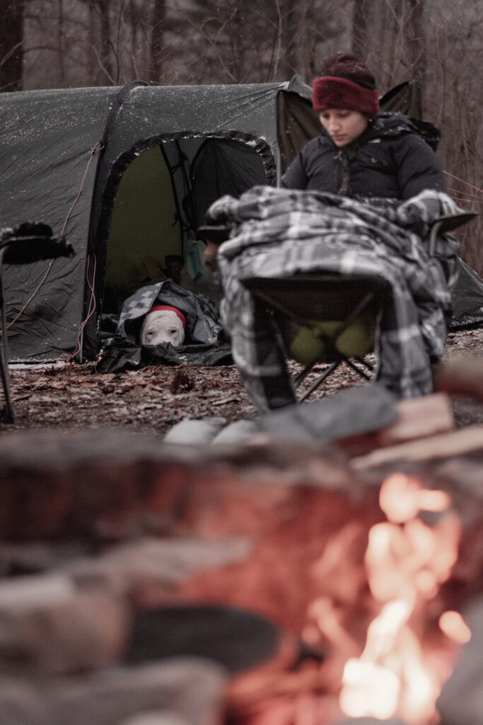 White dog sleeping in front of entrance of camping tent while snow is slowly falling. 